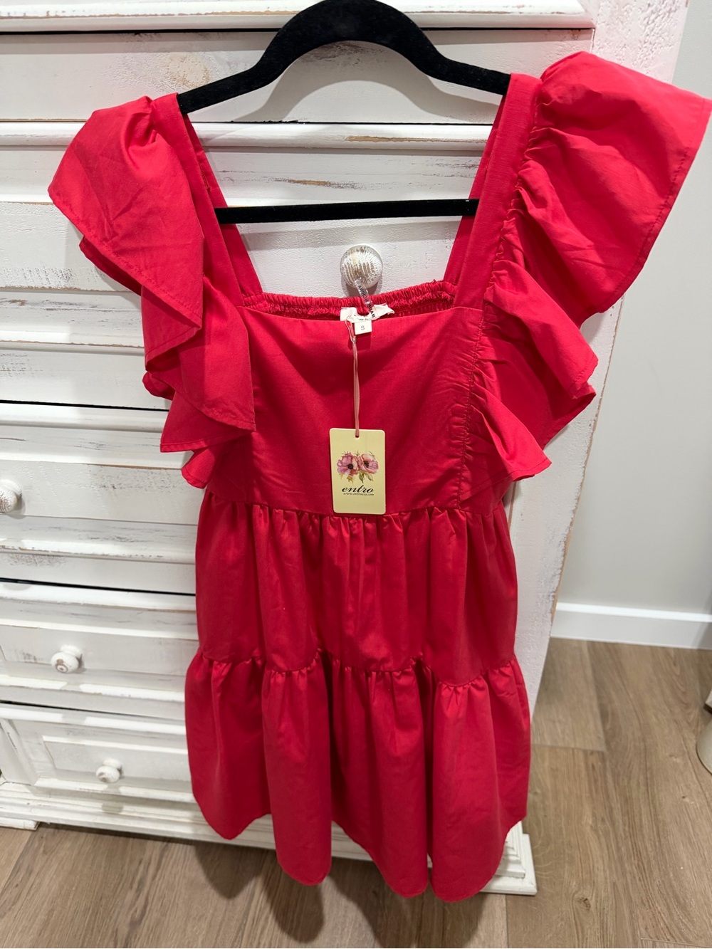 entro Bright Red Ruffle Sleeve Tiered Mini Dress